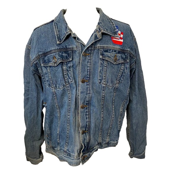 GRAND FUNK RAILROAD Denim Jacket Mens XXL Upcycled Patchwork Rock Tour Patriotic - Picture 2 of 9